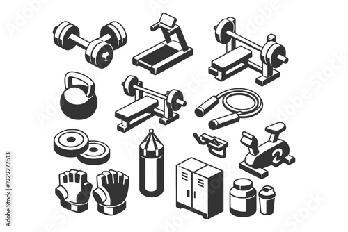 Isometric gym equipment icons: weights, treadmill, punching bag, locker, kettlebell.