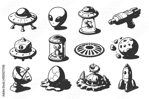 Cartoon ufos, aliens, and space elements in monochrome design.