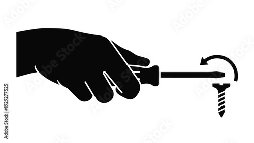 Black and white icon illustrating a hand holding a screwdriver in the motion of turning a screw counterclockwise to loosen it.