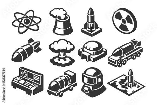 Nuclear icons: atomic energy, bombs, missiles, radiation, nuclear power plant symbols.