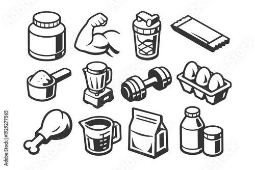 Fitness supplements and nutrition icons featuring protein, blender, dumbbell, eggs, and shaker.