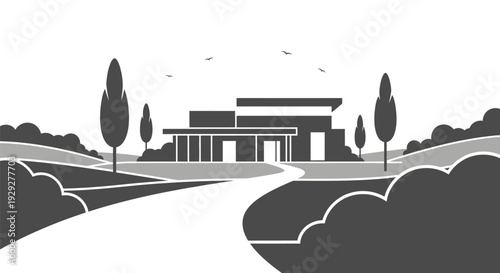 Modern Minimalist House Illustration with Pathway.