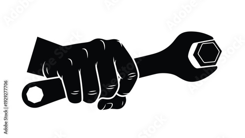 Strong black silhouette of a human hand gripping an open-ended wrench tightening a large hexagonal nut in a graphic style.