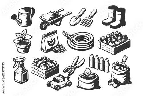 Black and white gardening tools and supplies collection with vegetables.