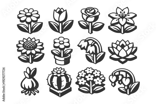 Stylized black and white floral icons featuring various flowers.