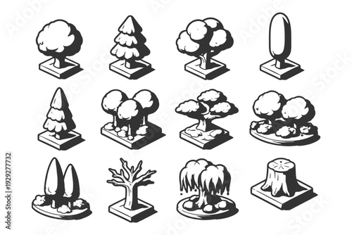 Vector set of cartoon black and white tree icons with various shapes.