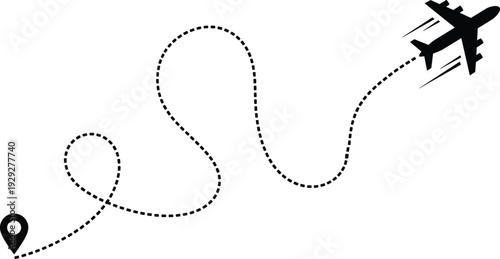 Black airplane flying on dotted line path with map pin flight path travel