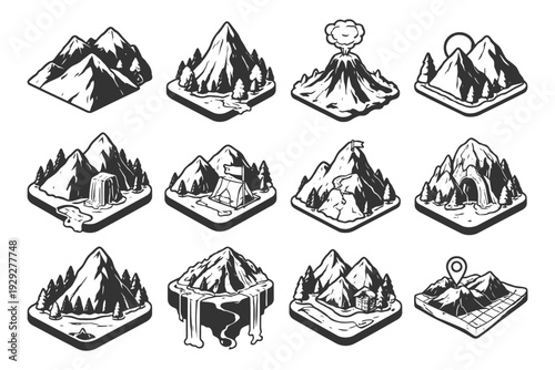 Collection of hand-drawn mountain and nature icons with volcanoes and waterfalls.