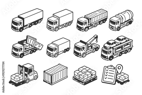 Isometric black and white truck and logistics icons set.