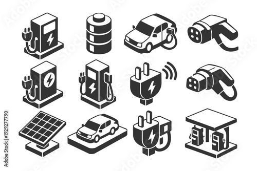 Electric vehicle and charging elements icons set for ev infrastructure design.