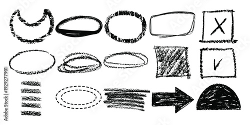 Hand drawn text box picture frames set, rough grunge textured straight line. Doodle style outline text boxes with grunge texture. Vector illustration. Chalk Scribble Rectangle Highlight Collection.