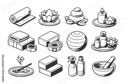 Spa and wellness icons featuring candles, oils, and towels.