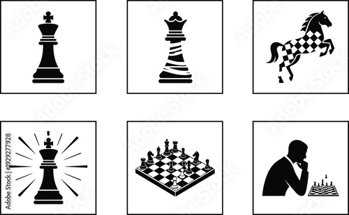 Set of black and white chess icons featuring king queen knight piece and board game for strategy competition logic business and professional branding