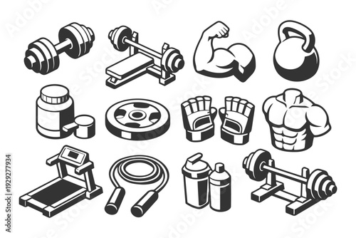 Fitness equipment icons set: weights, bench, kettlebell, treadmill, shaker bottles.