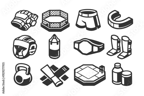 Mma gear and equipment icons: gloves, octagon, shorts, pads, kettlebell, belt.