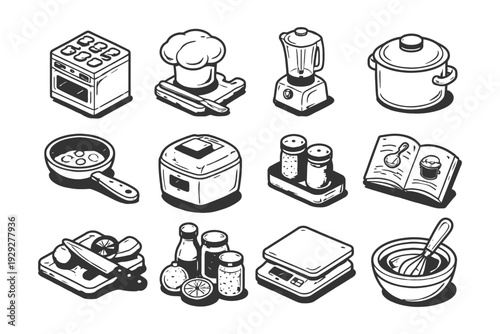 Monochrome kitchen icons: oven, chef hat, blender, pot, pan, cooker, seasoning, book, slicer, juices, scale, whisk.