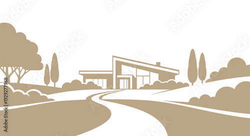 Modern Minimalist House with Curved Driveway.