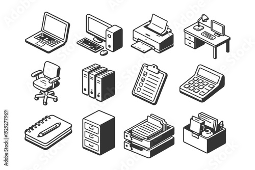 Isometric office items: laptop, printer, desk, chair, files, clipboard, calculator, notebook.