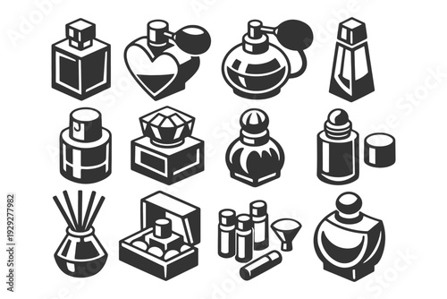 Collection of perfume bottles in various shapes and designs.