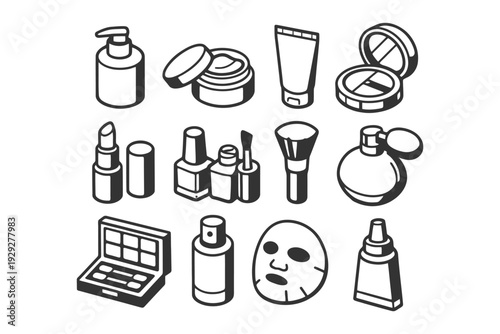Assorted makeup products icons set in monochrome style.