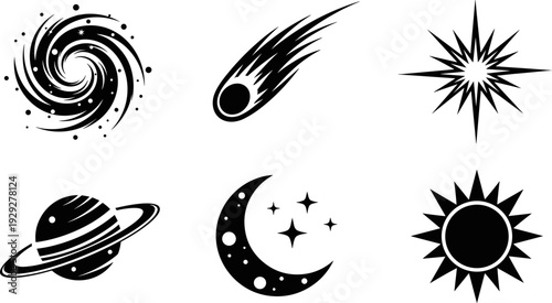 Collection of celestial body icons including galaxy, comet, star, planet, moon, and sun