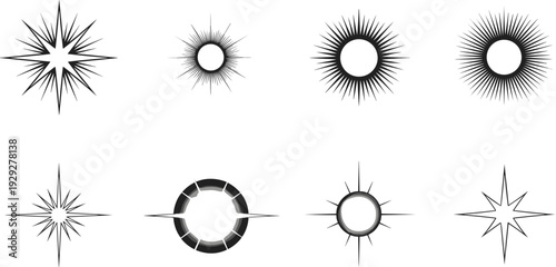 Collection of eight stylized sunburst and starburst graphic elements on a white background