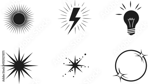 Collection of abstract graphic symbols representing energy, ideas, and celestial bodies