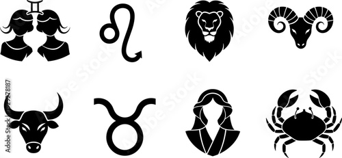 Collection of eight black zodiac sign icons on a white background
