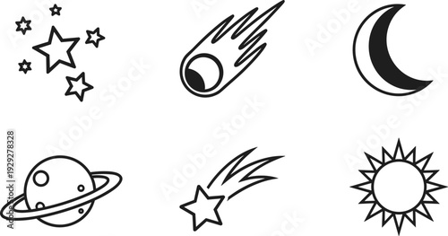 Collection of simple line art icons representing celestial bodies and space phenomena