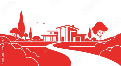 Red House Landscape Illustration with Trees.