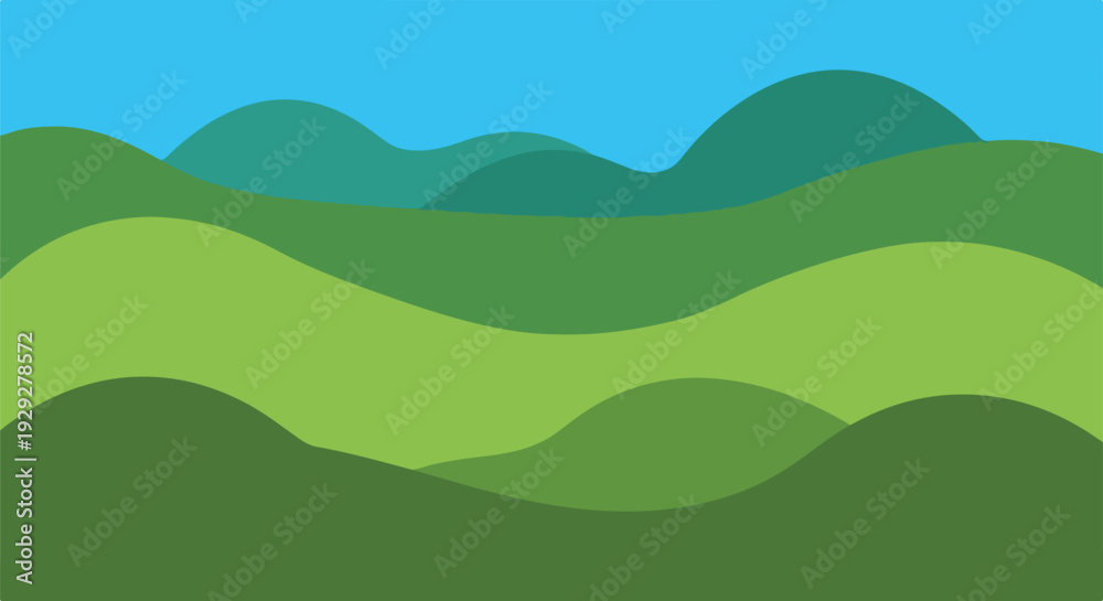Obraz premium Abstract landscape of rolling hills in shades of green and blue sky