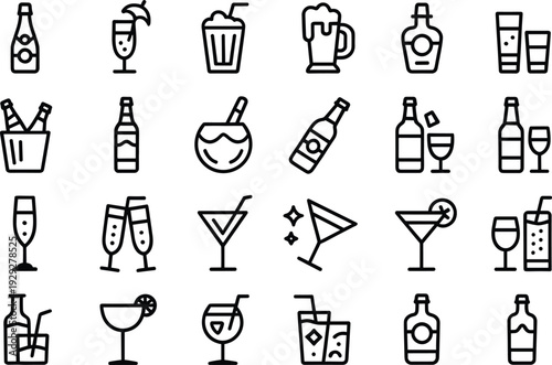 Black and white line of various alcoholic and non-alcoholic beverages alcohol, beverage, bottle, wine, beer, cocktail, drink, glass, line liquor, mocktail, soda, spirits, symbols, black, white, line, 