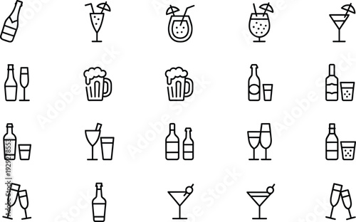 Black and white line of various alcoholic beverages alcohol, beer, bottle, champagne, cocktail, drink, glass, liquor, wine, bar, pub, restaurant, symbols, line black and white, black, white, line, var