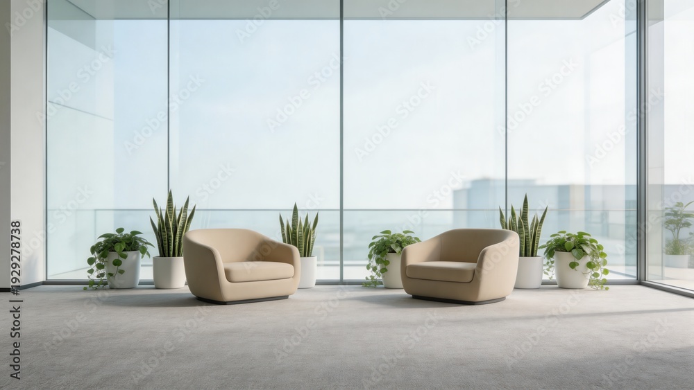 Fototapeta premium Modern minimalist lounge area with two armchairs and potted plants by a large window