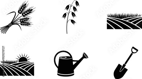 Collection of agricultural icons representing farming, crops, and gardening tools