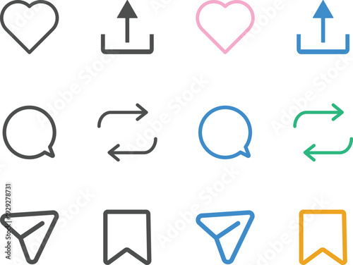 like icon, reply, repost, save, share icon - social media notification like comment, share icons. Social network post reactions collection set. Notification icon set including symbols of like, comment