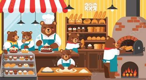 Adorable bears working in a bakery, baking bread and decorating pastries