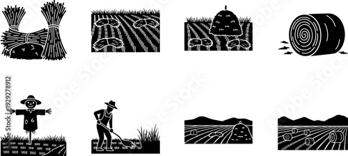 Collection of agricultural icons depicting harvest, farming, and rural scenes with hay bales