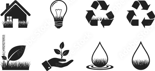 Collection of eco-friendly icons representing sustainability, nature, and conservation efforts