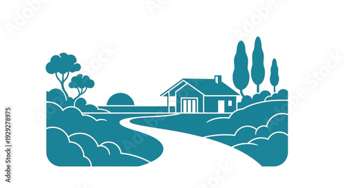 Simple House Illustration with Trees and Road.