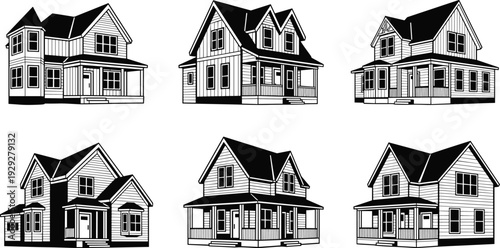 Black and white of six different house with porches and gabled roofs houses house black and white architecture