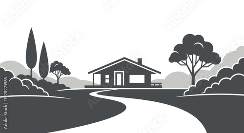 Black and White House Illustration with Trees.