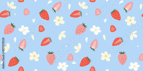 Seamless pattern blue background with strawberry, flower and leaves. Vector illustration for print, textile, fabric.