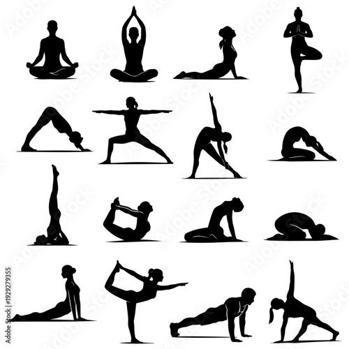 Yoga Silhouette Collection Women and Men in Meditation and Asana Poses Set
