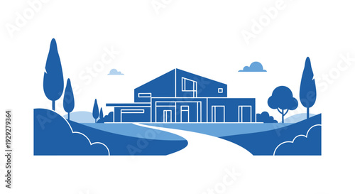 Blue House Illustration with Trees and Hills.