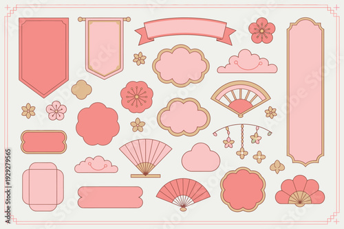 A pink and gold illustration set of various Japanese style elements and icons