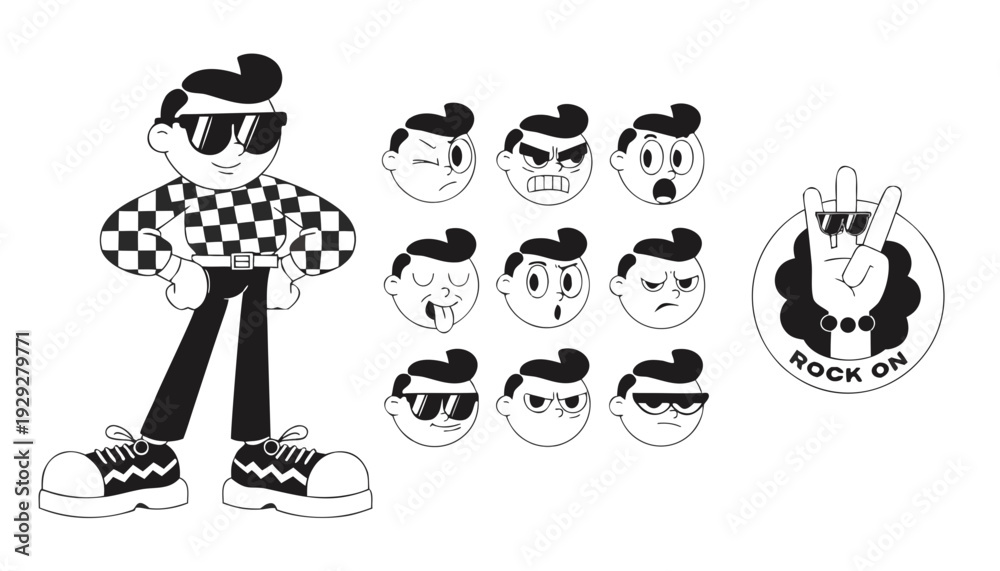 Fototapeta premium Funny retro cartoon character face drawing set on isolated background. Black and white vintage animation art style bundle. Trendy 50s mascot, facial expression graphic, mascot gesture sticker. vector 