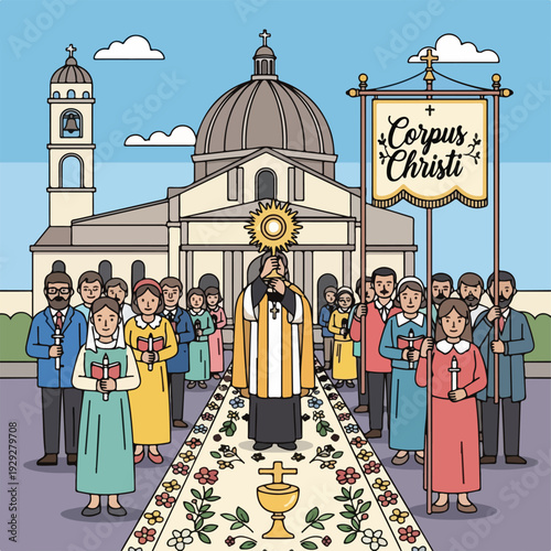 An illustration of a procession during a religious celebration outside a church