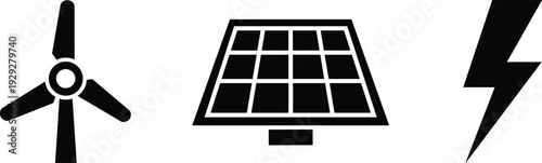 Black and white of wind turbine solar panel and lightning bolt renewable energy sustainable energy