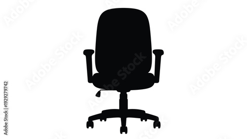 Black silhouette of an office swivel chair featuring a high back seat and rolling casters seen from a direct front view